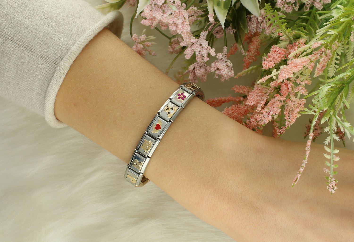 Nomination Link 18K Brokatowy fuksjowy kwiatek 030330 17.png